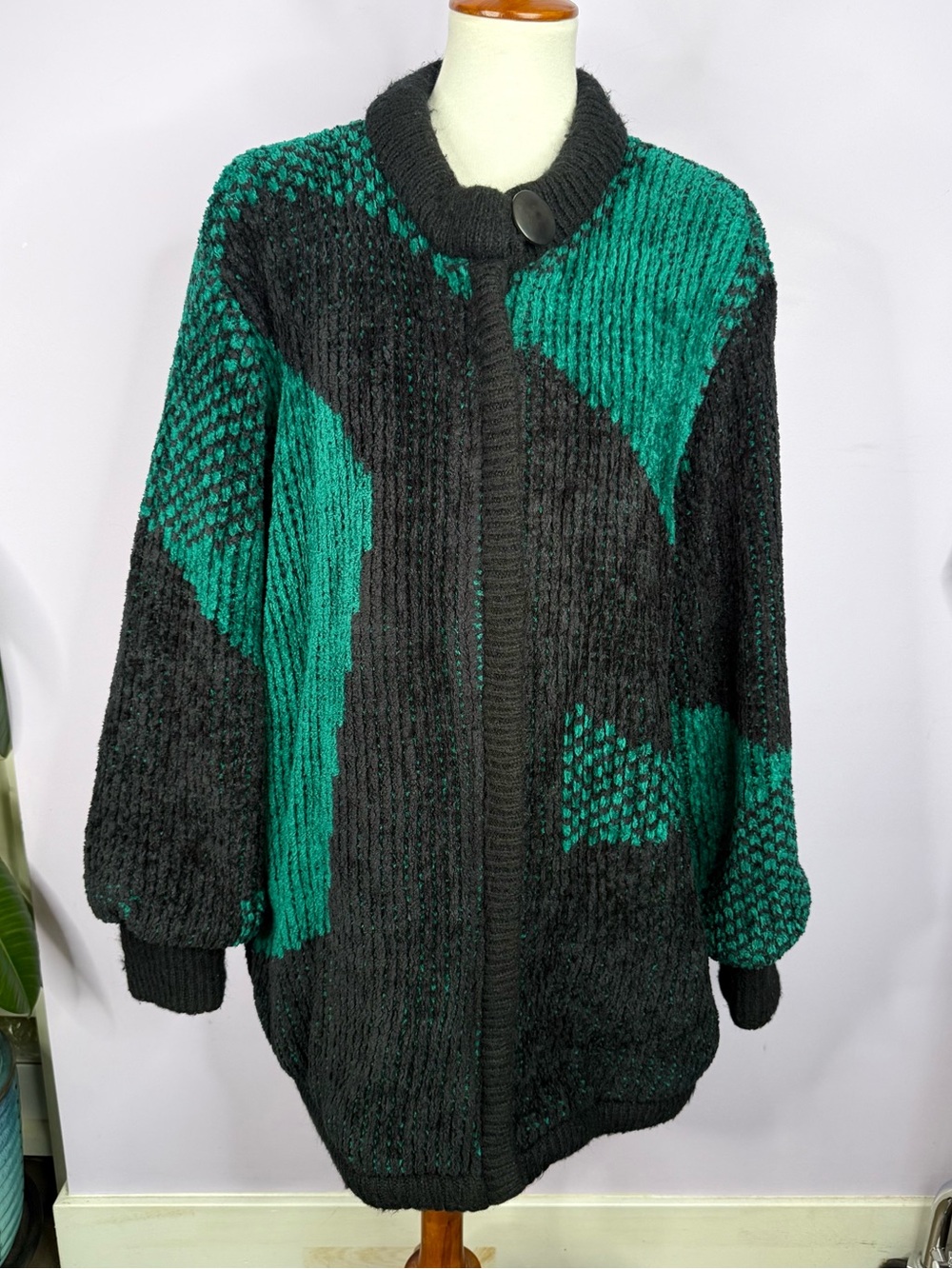 Aurora Vintage 80's Emerald Green & Black Sweater Jacket Coat